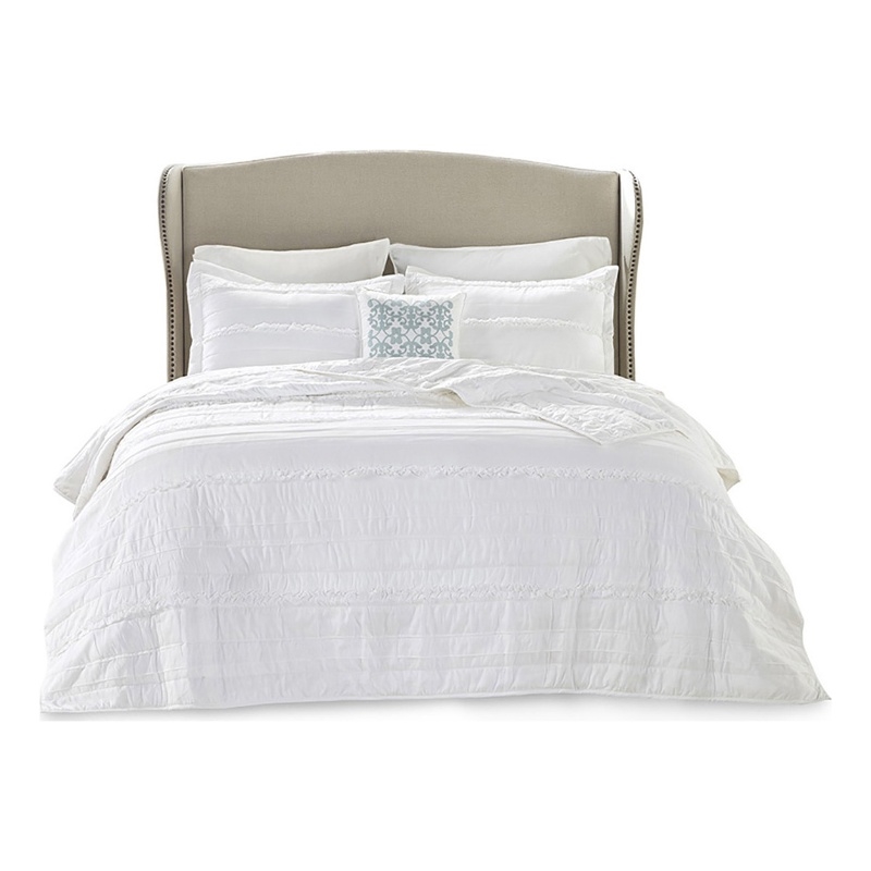 Madison Park Celeste 4-Piece Fabric Ruffle Quilt Set with Throw Pillow in White