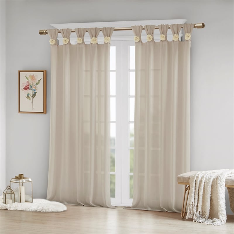 Madison Park Rosette Floral Embellished Cuff Tab Top Window Panel in Linen Beige