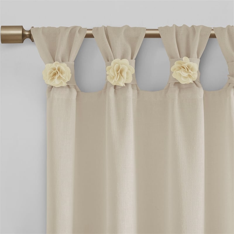 Madison Park Rosette Floral Embellished Cuff Tab Top Solid Window Panel in Beige
