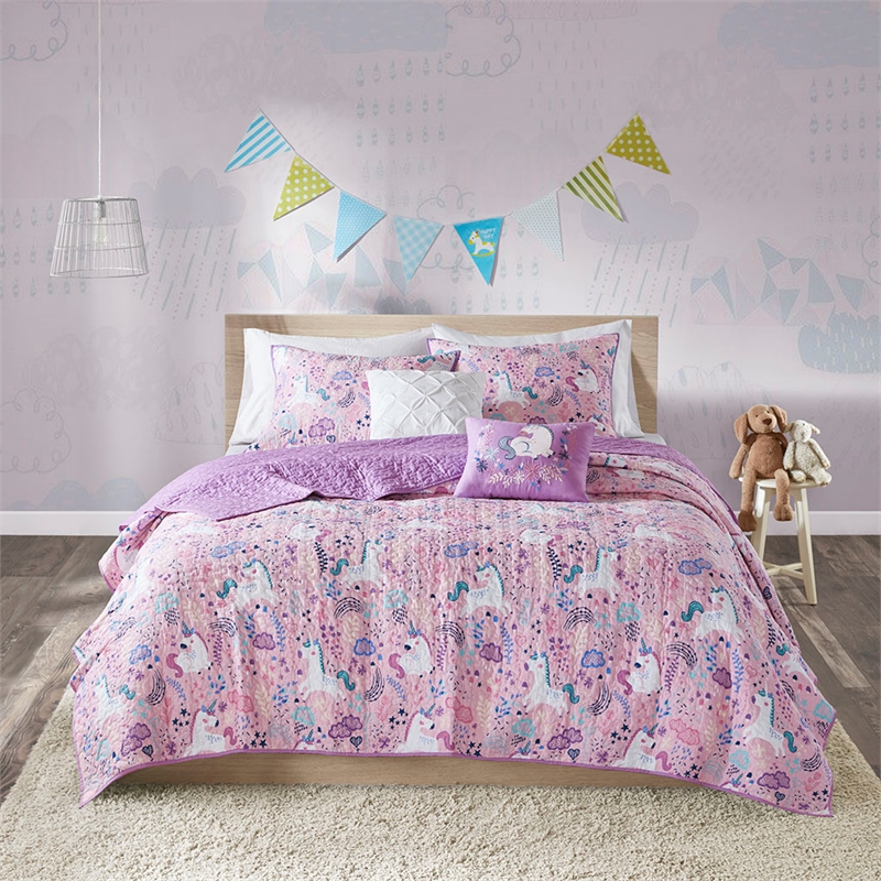Urban Habitat Lola Unicorn Cotton Quilt Set with Throw Pillows in Pink