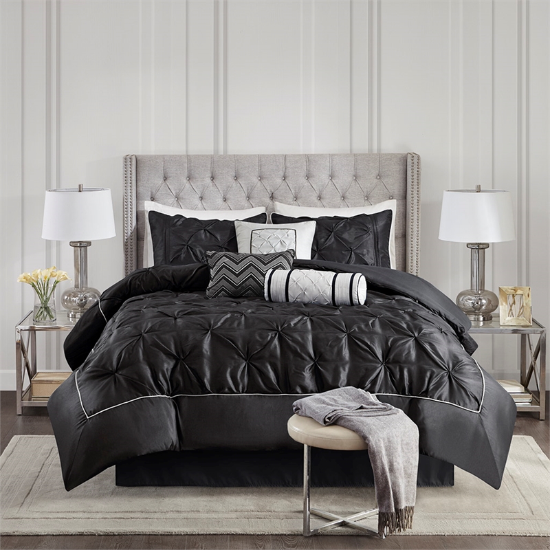 Madison Park Laurel 7-Piece Transitional Fabric Tufted Comforter Set in Black