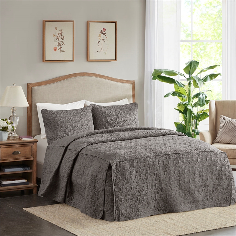 Madison Park Quebec 3-Piece Fabric Fitted Bedspread Set in Charcoal