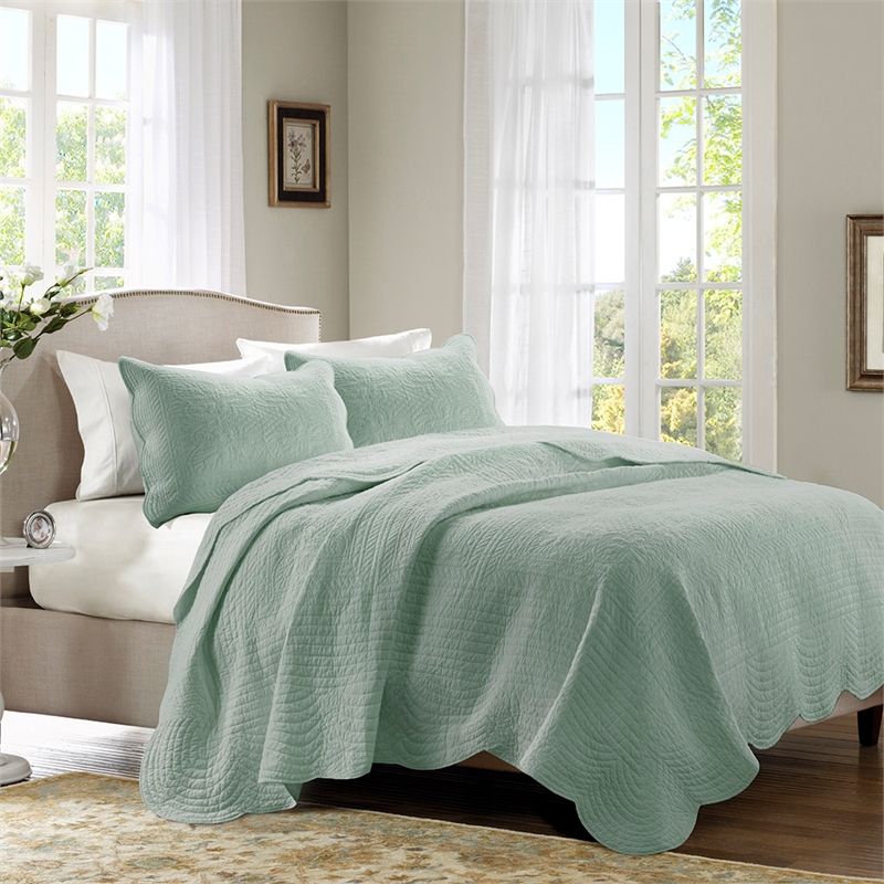 Madison Park Tuscany 3-Piece Cotton Scalloped Edge Quilt Set in Seafoam