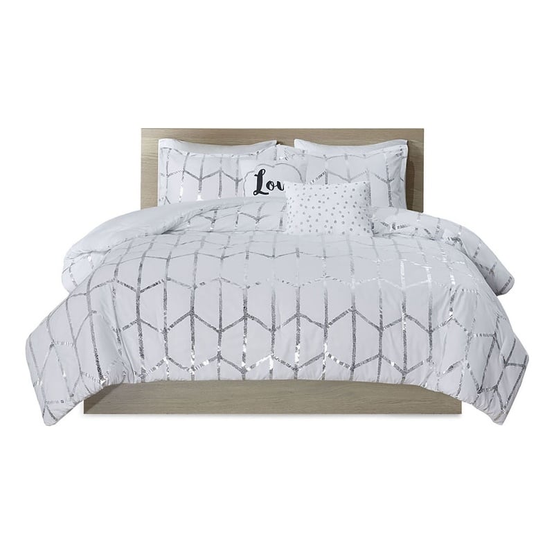 Intelligent Design Raina Fabric Metallic Printed Comforter Set in White/Silver