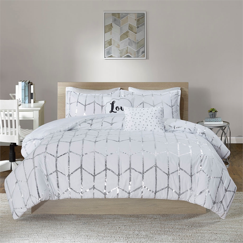 Intelligent Design Raina Fabric Metallic Printed Comforter Set - White/Silver