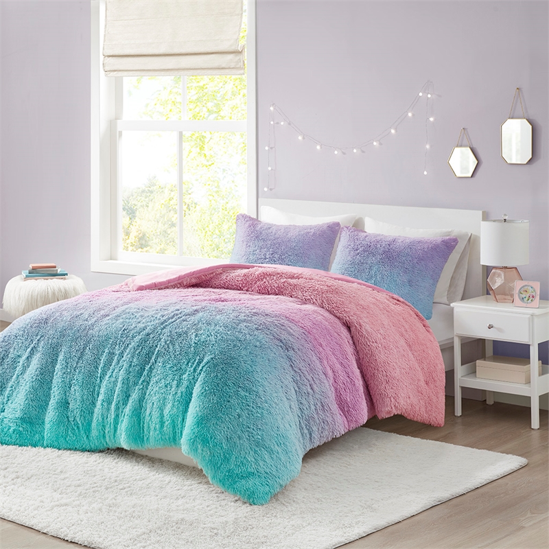 Mi Zone Primrose Ombre Shaggy Faux Fur Comforter Set - Purple Multi