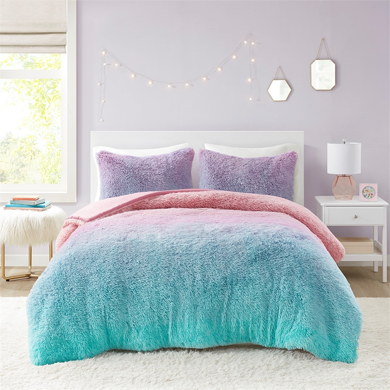 Mi Zone Primrose Ombre Shaggy Faux Fur Comforter Set in Purple Multi