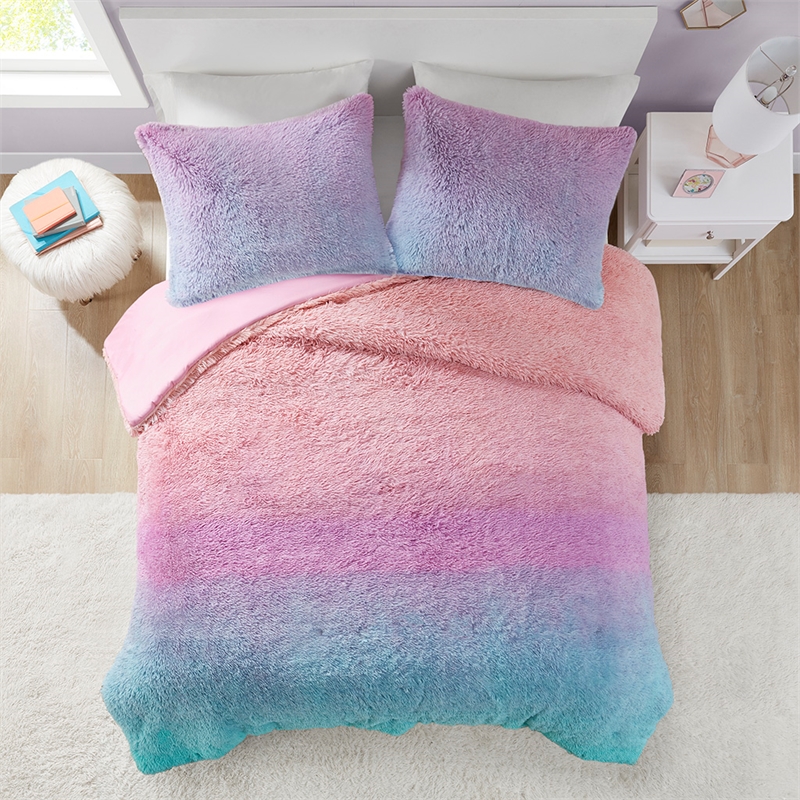 Mi Zone Primrose Ombre Shaggy Faux Fur Comforter Set in Purple Multi