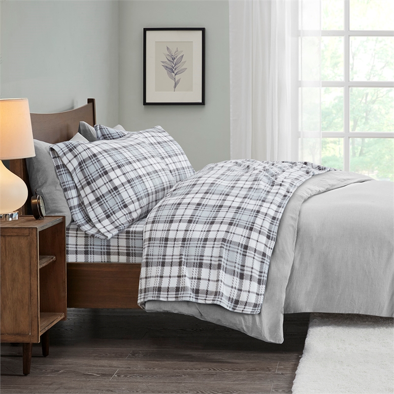 True North by Sleep Philosophy Micro Fleece Fabric Sheet Set in Gray Plaid