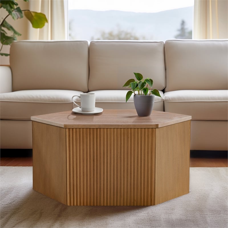 Olliix Honey Fluted Hexagon Modern Solid Wood Coffee Table in Natural