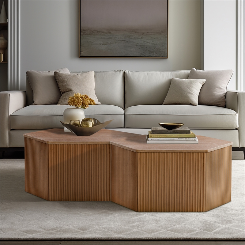 Olliix Honey Fluted Hexagon Modern Solid Wood Coffee Table in Natural