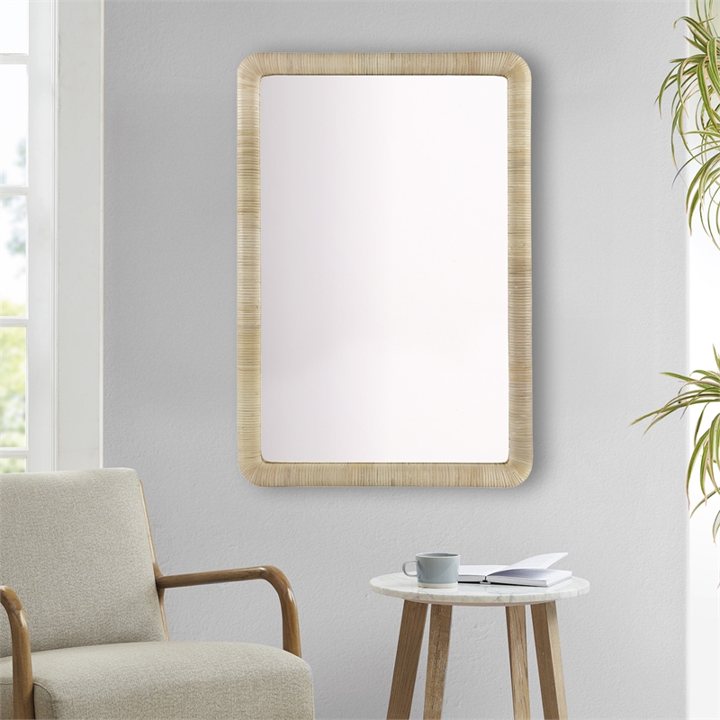 Olliix Nova Rectangle Rattan and Wood Accent Wall Mirror in Natural