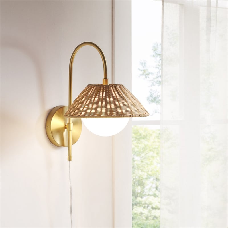 Olliix Laguna Rattan Weave and Iron Metal Wall Sconce in Gold/Natural