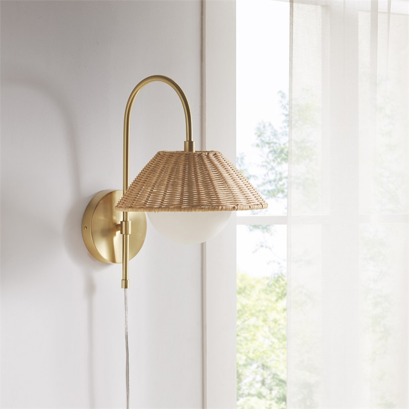 Olliix Laguna Rattan Weave and Iron Metal Wall Sconce in Gold/Natural