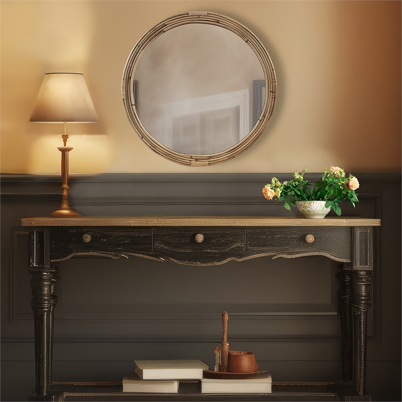 Olliix Luna Round Coastal Rattann & Wood Accent Wall Mirror in Natural