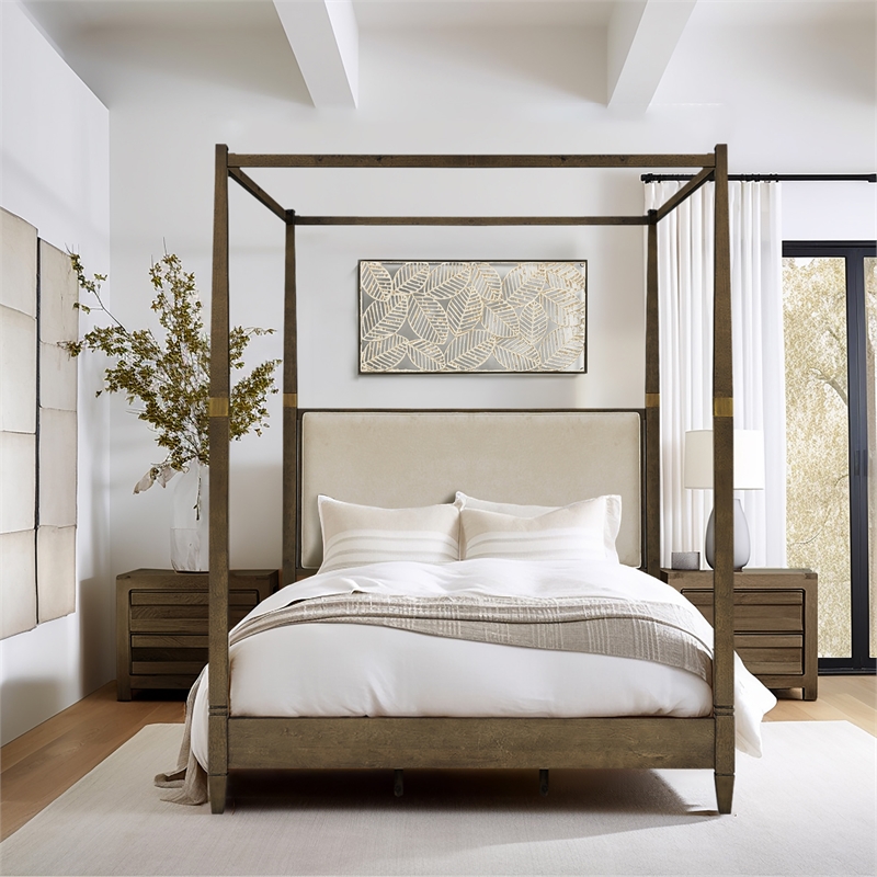 Olliix Baylor Solid Wood Canopy Queen Bed Frame with Headboard in Brown