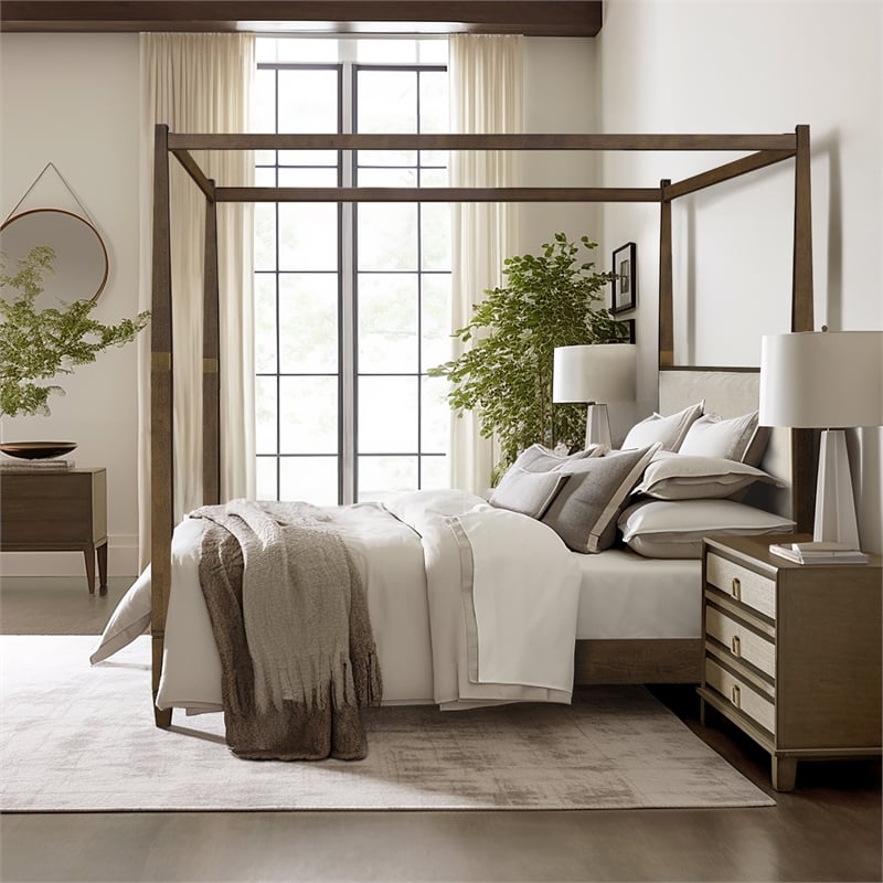 Olliix Baylor Solid Wood Canopy Queen Bed Frame with Headboard in Brown