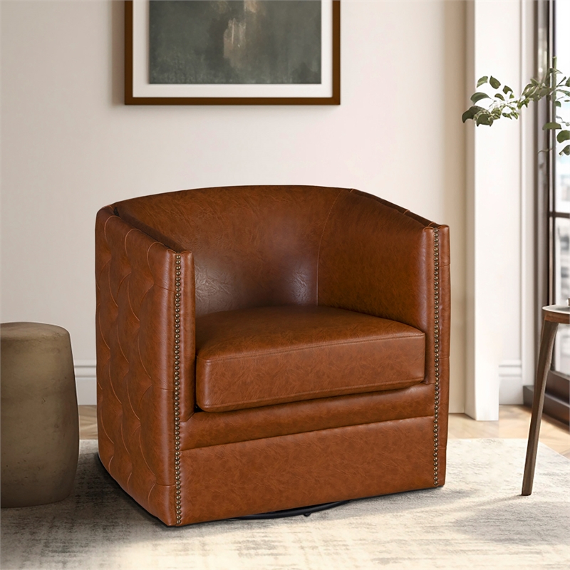Olliix Capstone Faux Leather Tufted Barrel Swivel Chair in Brown