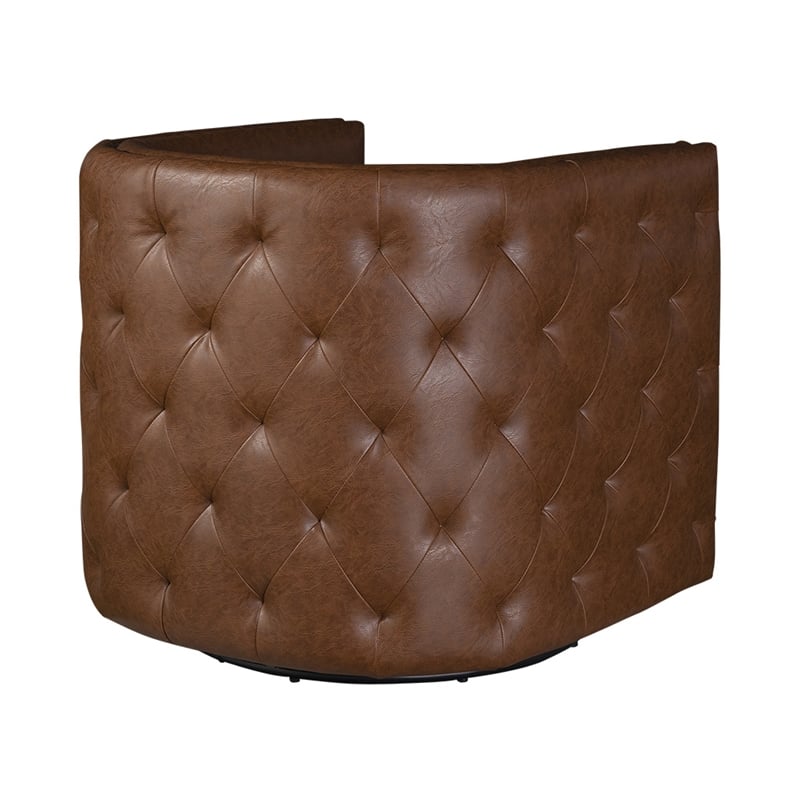 Olliix Capstone Faux Leather Tufted Barrel Swivel Chair in Brown