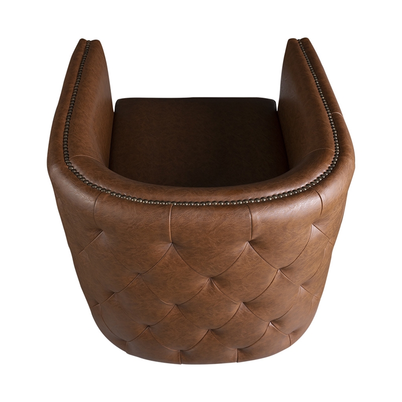 Olliix Capstone Faux Leather Tufted Barrel Swivel Chair in Brown