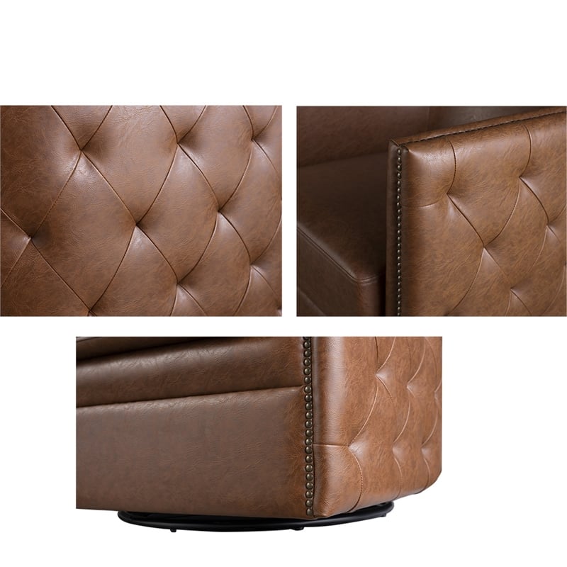 Olliix Capstone Faux Leather Tufted Barrel Swivel Chair in Brown