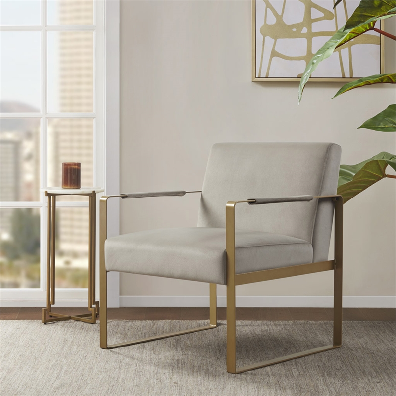 Olliix Jayco Solid Wood & Fabric Accent Chair in Taupe/Golden Metallic