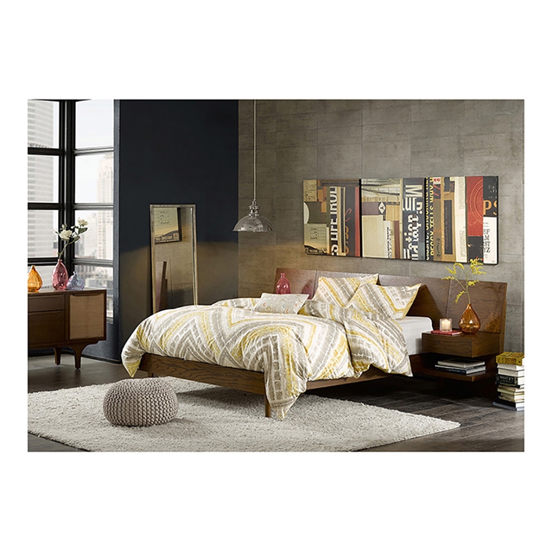 Olliix Clark Mid-Century Solid Wood Bed with 2 Attached Nightstands in Pecan