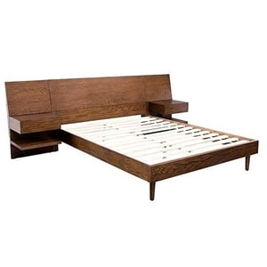 Olliix Clark Mid-Century Solid Wood Bed with 2 Attached Nightstands in Pecan