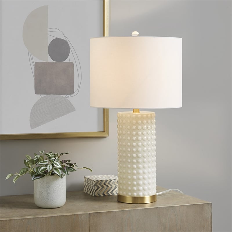 Olliix Grace Ivy Textured Dot Transitional Glass Table Lamp in White/Gold