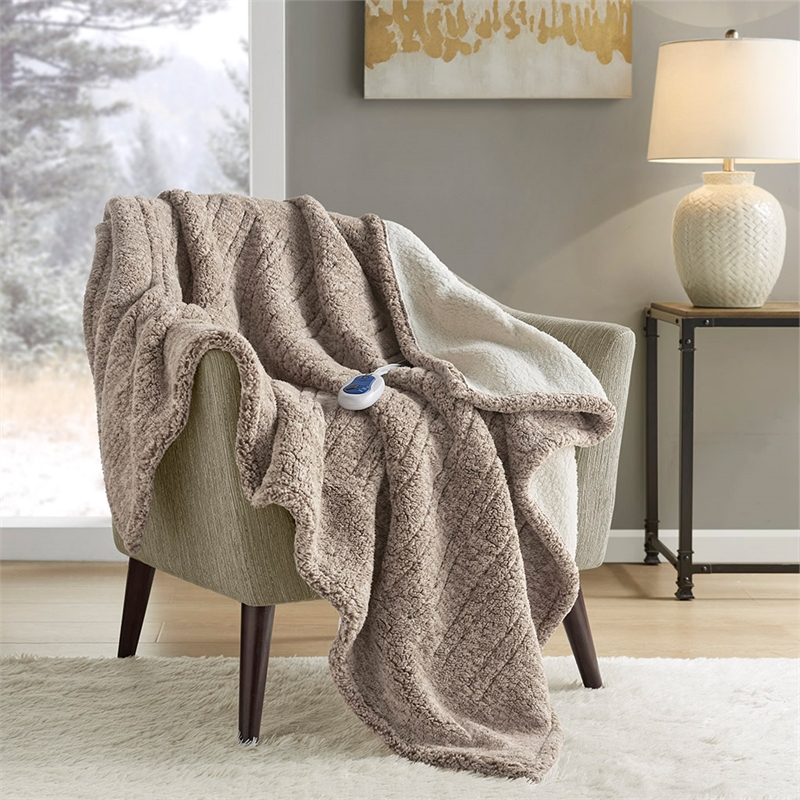 True North by Sleep Philosophy Contemporary Fabric Heated Throw in Light Brown