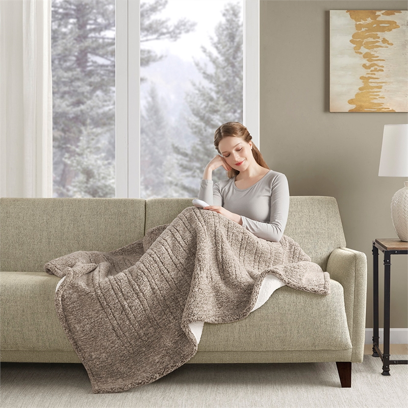 True North by Sleep Philosophy Contemporary Fabric Heated Throw in Light Brown