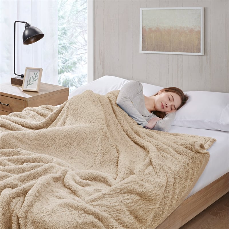 Woolrich Burlington Contemporary Solid Berber Fabric Full/Queen Blanket in Tan