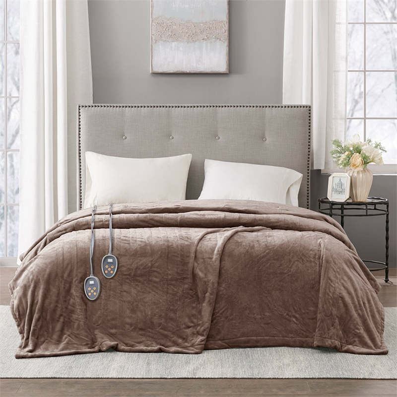 Beautyrest Contemporary Polyester/Plush Fabric Twin Heated Blanket in Brown