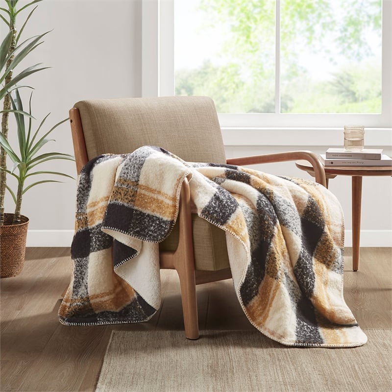 Woolrich Bloomington Mid-Century Faux Mohair to Sherpa Fabric Throw in Tan