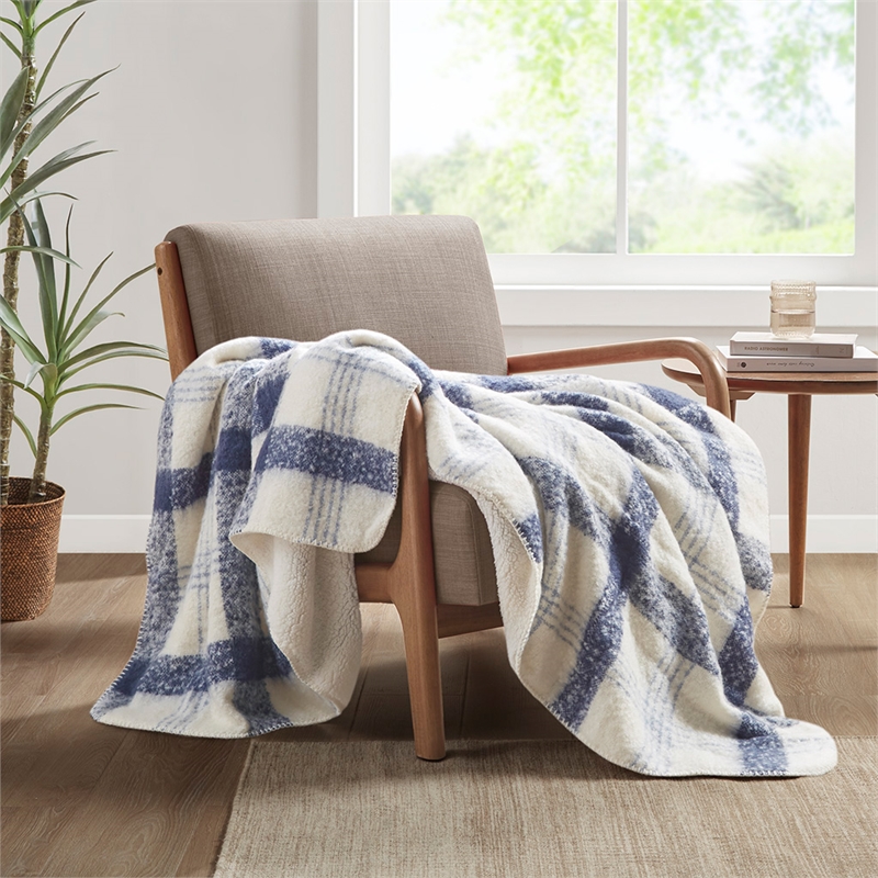 Woolrich Bloomington Mid-Century Faux Mohair to Sherpa Fabric Throw in Blue