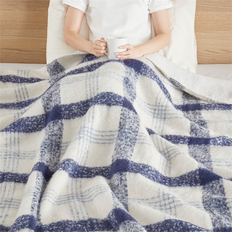Woolrich Bloomington Mid-Century Faux Mohair to Sherpa Fabric Throw in Blue