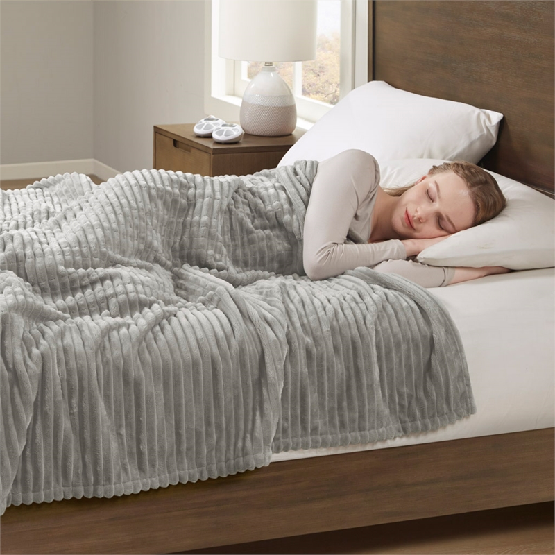 Serta Contemporary Solid Corded Plush Fabric Twin Heated Blanket in Gray