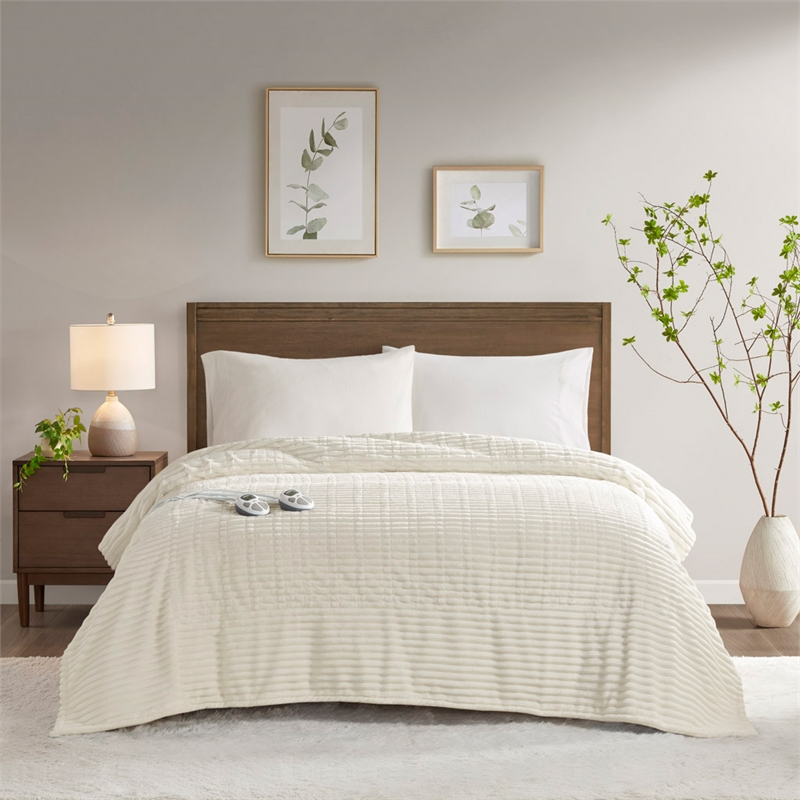 Serta Contemporary Solid Corded Plush Fabric King Heated Blanket in Ivory