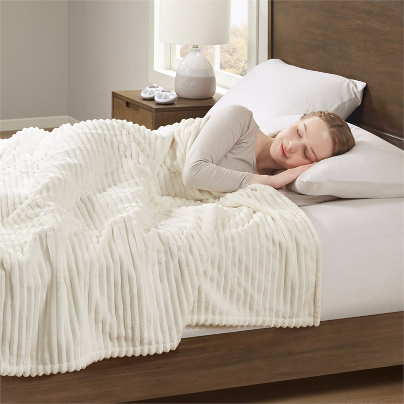 Serta Contemporary Solid Corded Plush Fabric King Heated Blanket in Ivory