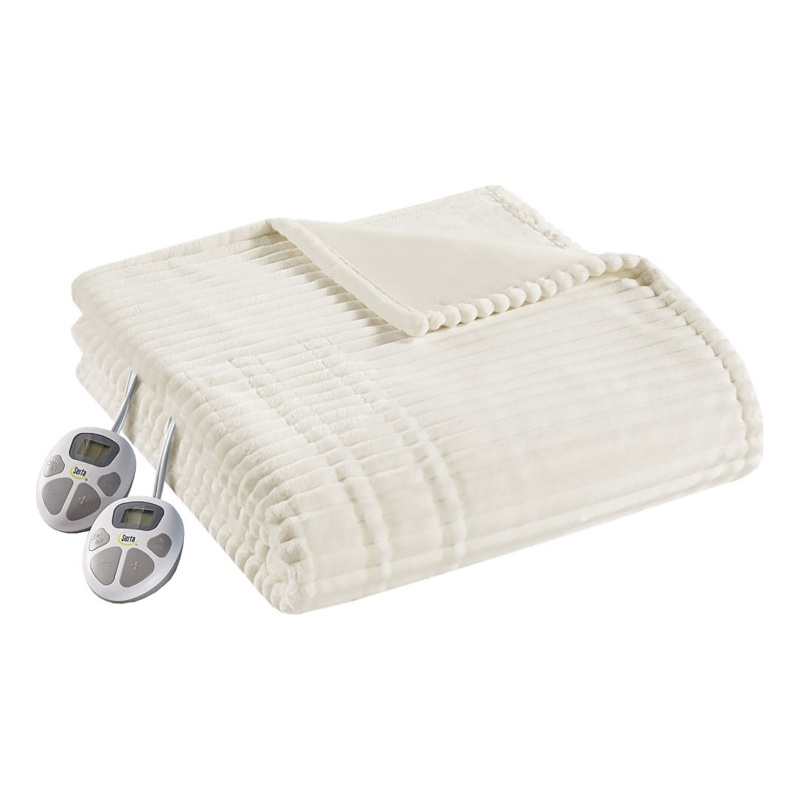Serta Contemporary Solid Corded Plush Fabric Full Heated Blanket in Ivory