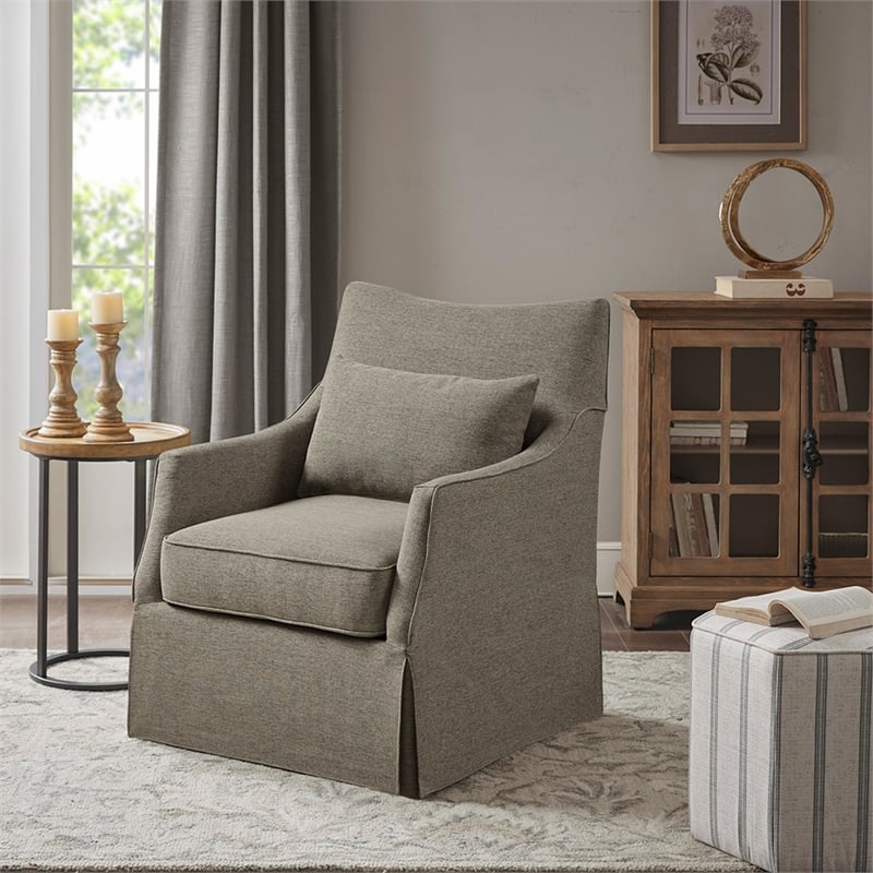 Martha Stewart London Farmhouse Fabric Upholstered Skirted Swivel Chair in Tan