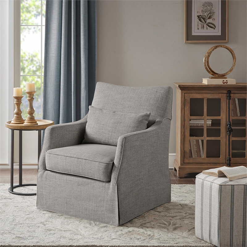 Martha Stewart London Farmhouse Fabric Upholstered Skirted Swivel Chair in Gray