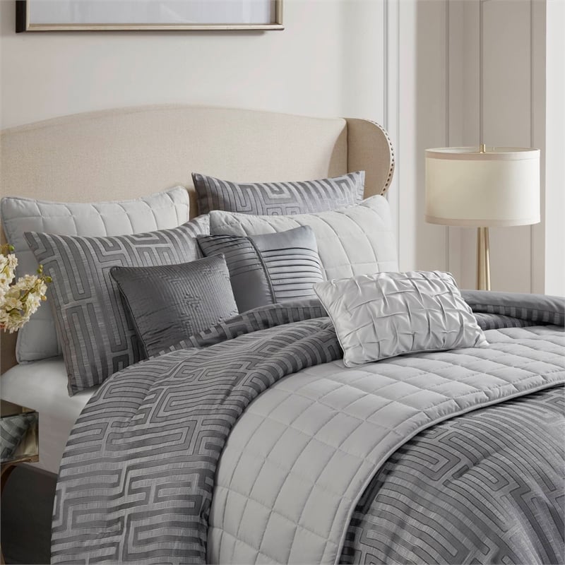 Olliix Madison Park Royce Queen Comforter Set Polyester in Grey