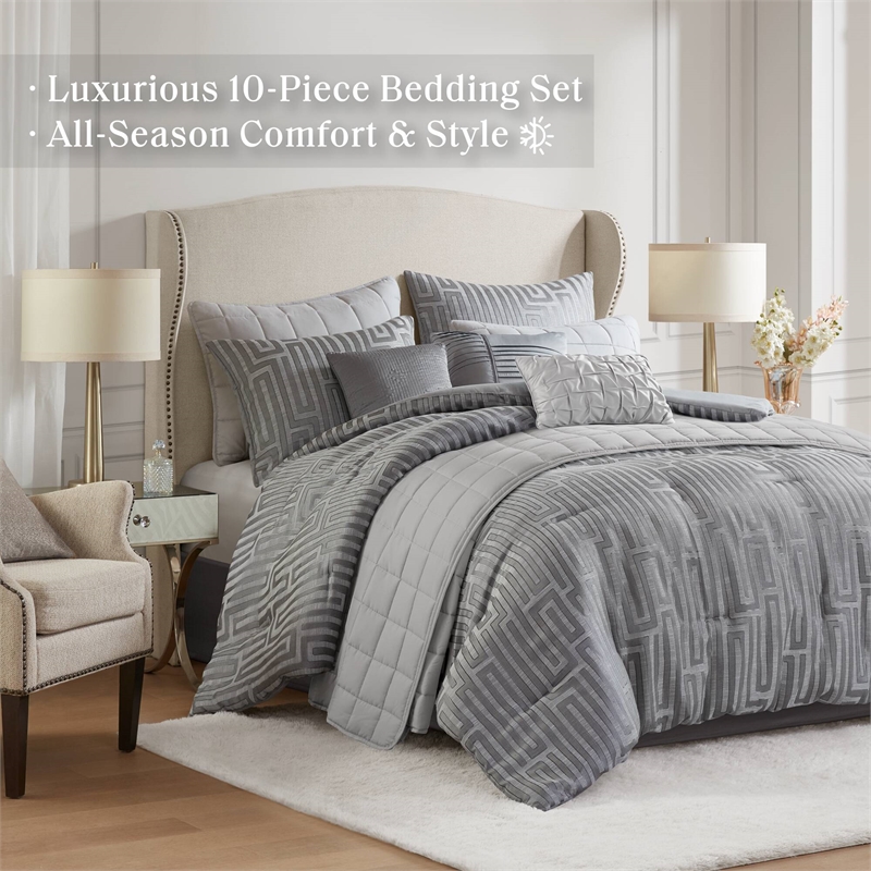 Olliix Madison Park Royce Queen Comforter Set Polyester in Grey