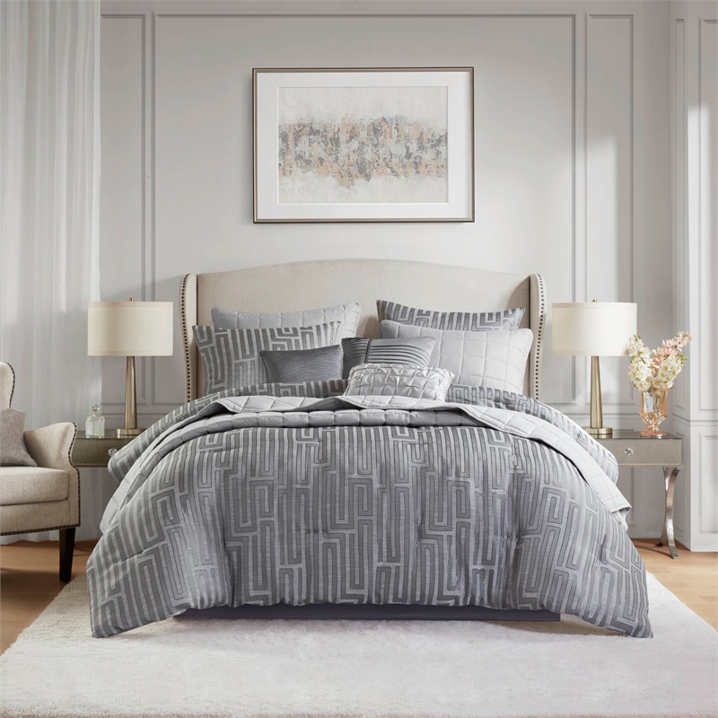 Olliix Madison Park Royce Queen Comforter Set Polyester in Grey