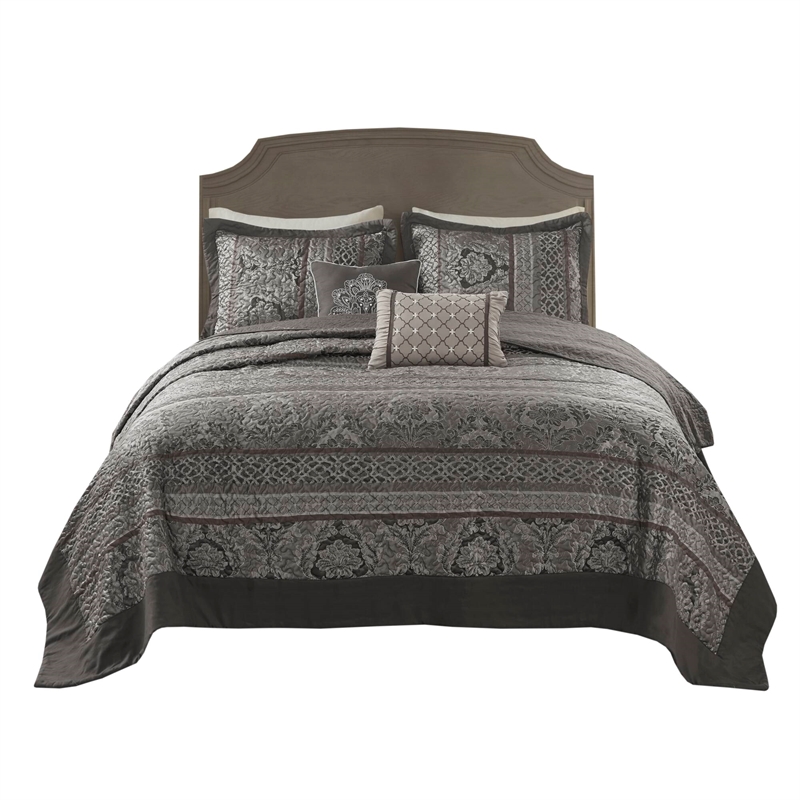 Olliix Madison Park Bellagio Queen Bedspread Set Microfiber in Grey
