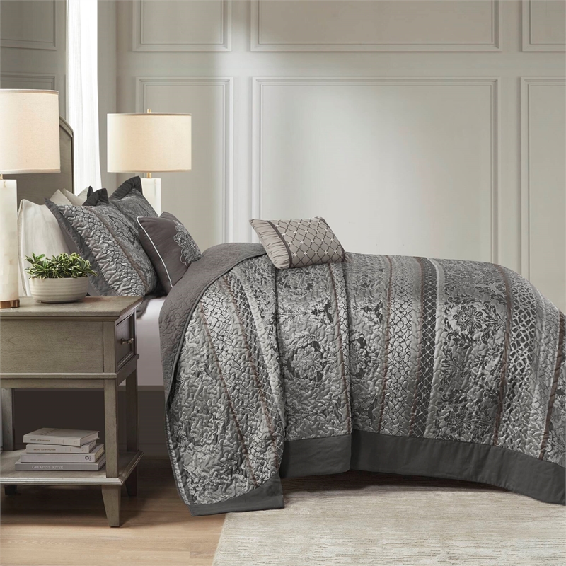 Olliix Madison Park Bellagio Queen Bedspread Set Microfiber in Grey