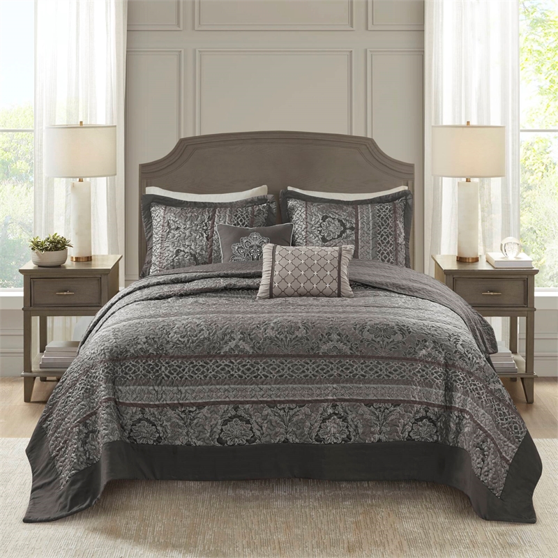 Olliix Madison Park Bellagio Queen Bedspread Set Microfiber in Grey