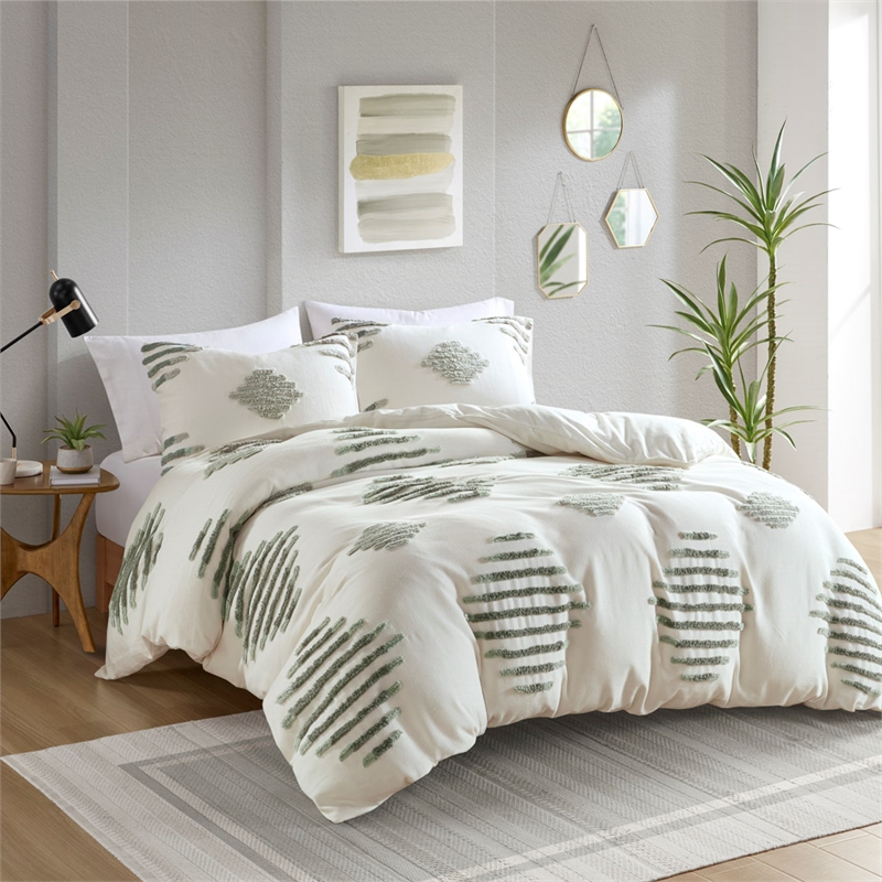 Olliix INK+IVY Tahli Full/Queen Duvet Mini Set Cotton in Green/Ivory