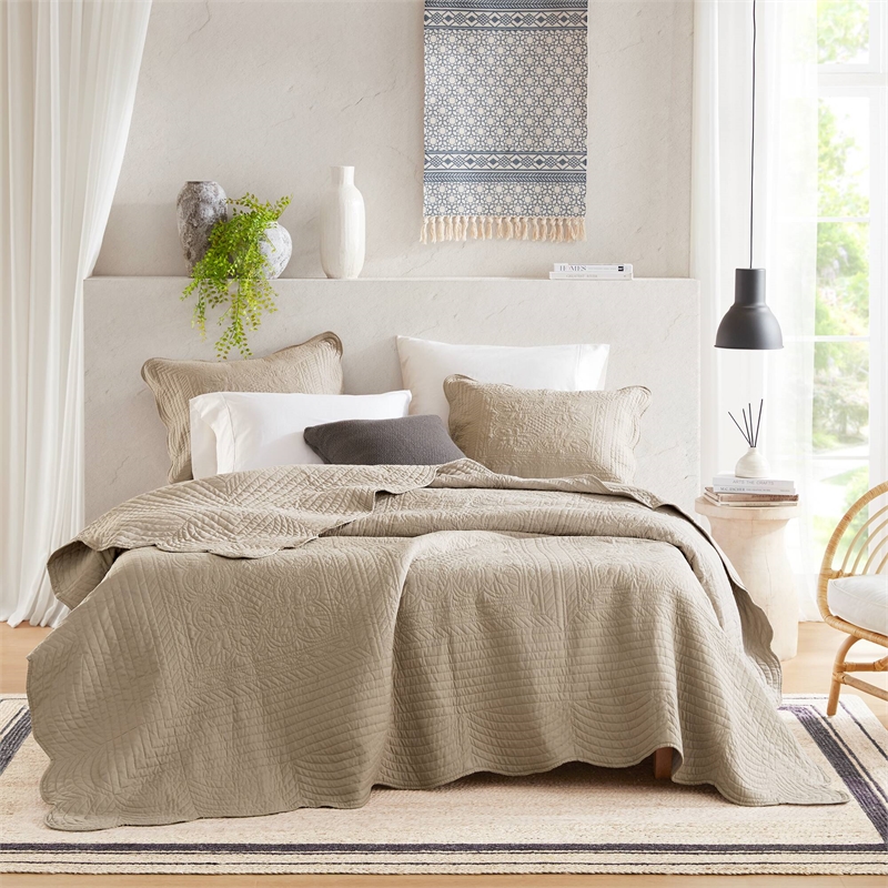 Olliix Madison Park Tuscany King/Cal King Coverlet Mini Set Microfiber in Khaki